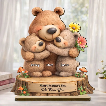 Personalized 2-Layer Wooden Plaque with Hugging Bear Mom and Child, Mother's Day Living Room Display, Unique Gift for Mom
