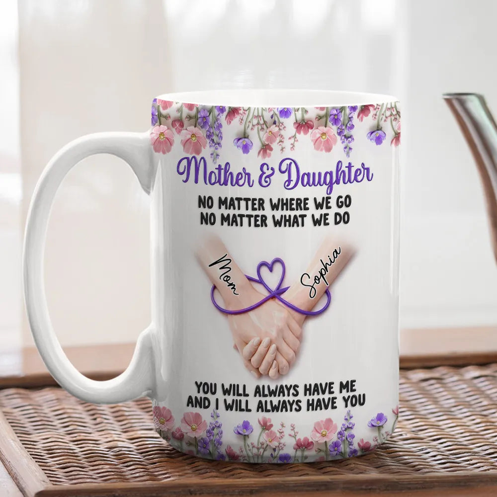 Mother & Daughter Ceramic Mug, Personalized Name Style Keepsake, Purple Floral Holding Hands Art, Thoughtful Gift for Daughter