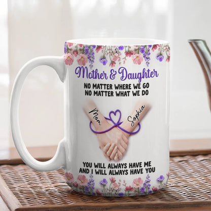 Mother & Daughter Ceramic Mug, Personalized Name Style Keepsake, Purple Floral Holding Hands Art, Thoughtful Gift for Daughter