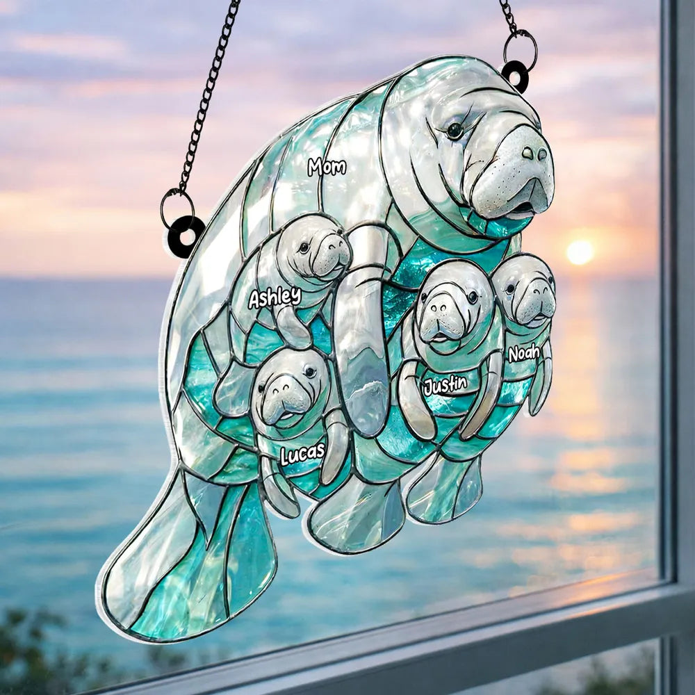 Personalized Manatee Mom and Calves Acrylic Suncatcher Ornament for Window Decor, Sweet Ocean Family Moment, Unique Gift for Mom
