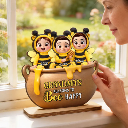 Personalized 2-Layer Wooden Plaque Grandma's Reasons to Bee Happy - Cute Cartoon Kids in Honey Pot, Unique Gift for Grandma