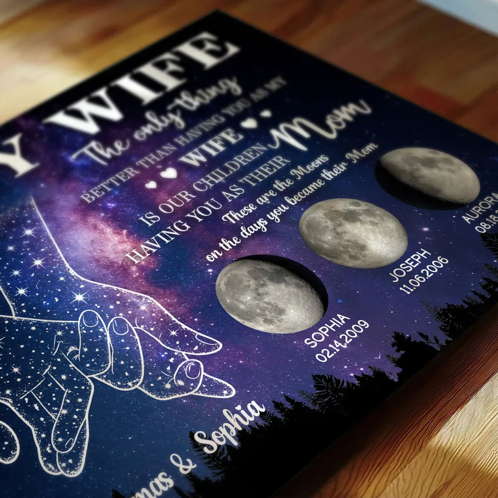 Personalized To My Wife Moon Phase Poster, Hand-Holding Starry Night Wall Art, Unique Gift for Wife and Mom