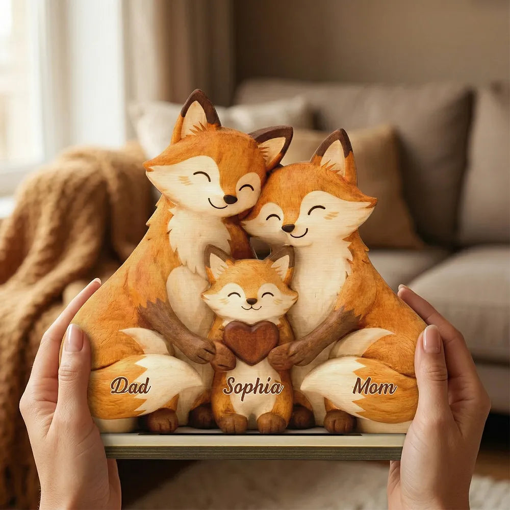 Heartwarming Woodland Fox Family Hug 2-Layer Wooden Plaque, Personalized Keepsake for Mom & Dad - Unique Gift