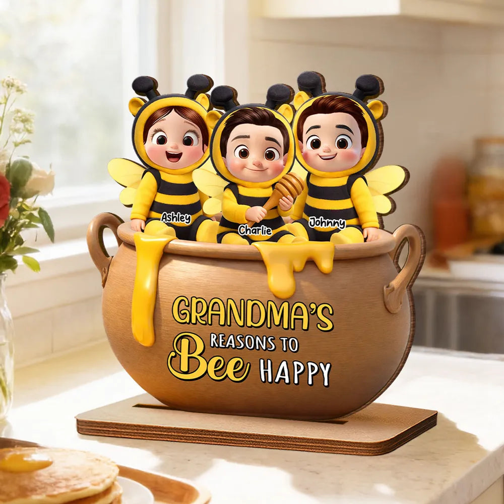 Personalized 2-Layer Wooden Plaque Grandma's Reasons to Bee Happy - Cute Cartoon Kids in Honey Pot, Unique Gift for Grandma