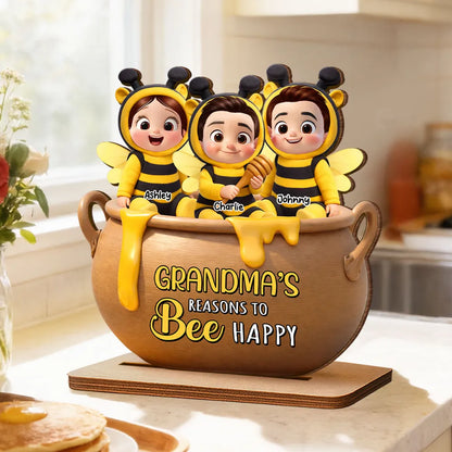 Personalized 2-Layer Wooden Plaque Grandma's Reasons to Bee Happy - Cute Cartoon Kids in Honey Pot, Unique Gift for Grandma