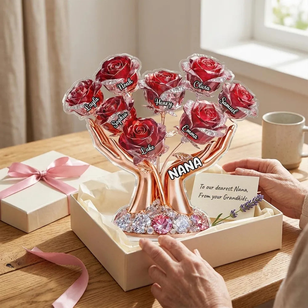 Personalized Shaped Acrylic Block Plaque with Grandma Hands Rose Bouquet - Unique Mother's Day Gift for Grandma