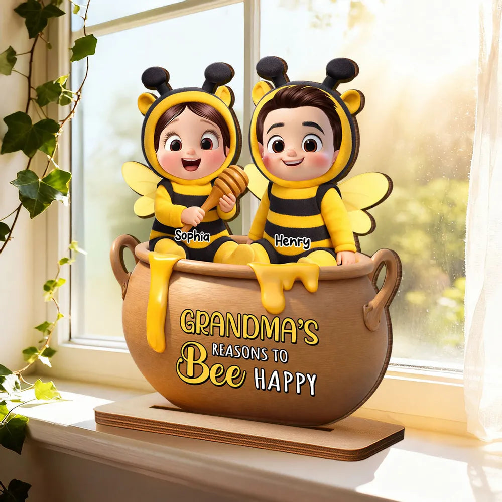 Personalized 2-Layer Wooden Plaque Grandma's Reasons to Bee Happy - Cute Cartoon Kids in Honey Pot, Unique Gift for Grandma