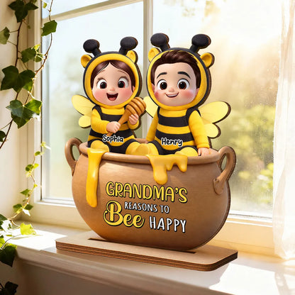 Personalized 2-Layer Wooden Plaque Grandma's Reasons to Bee Happy - Cute Cartoon Kids in Honey Pot, Unique Gift for Grandma