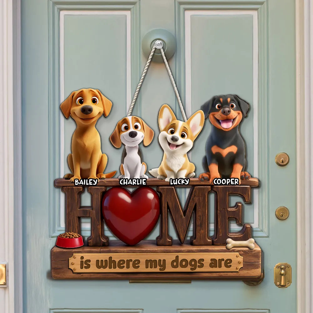 Personalized Wooden Sign With Dog Illustration, Home Is Where My Dogs Are, Unique Gift for Dog Lovers