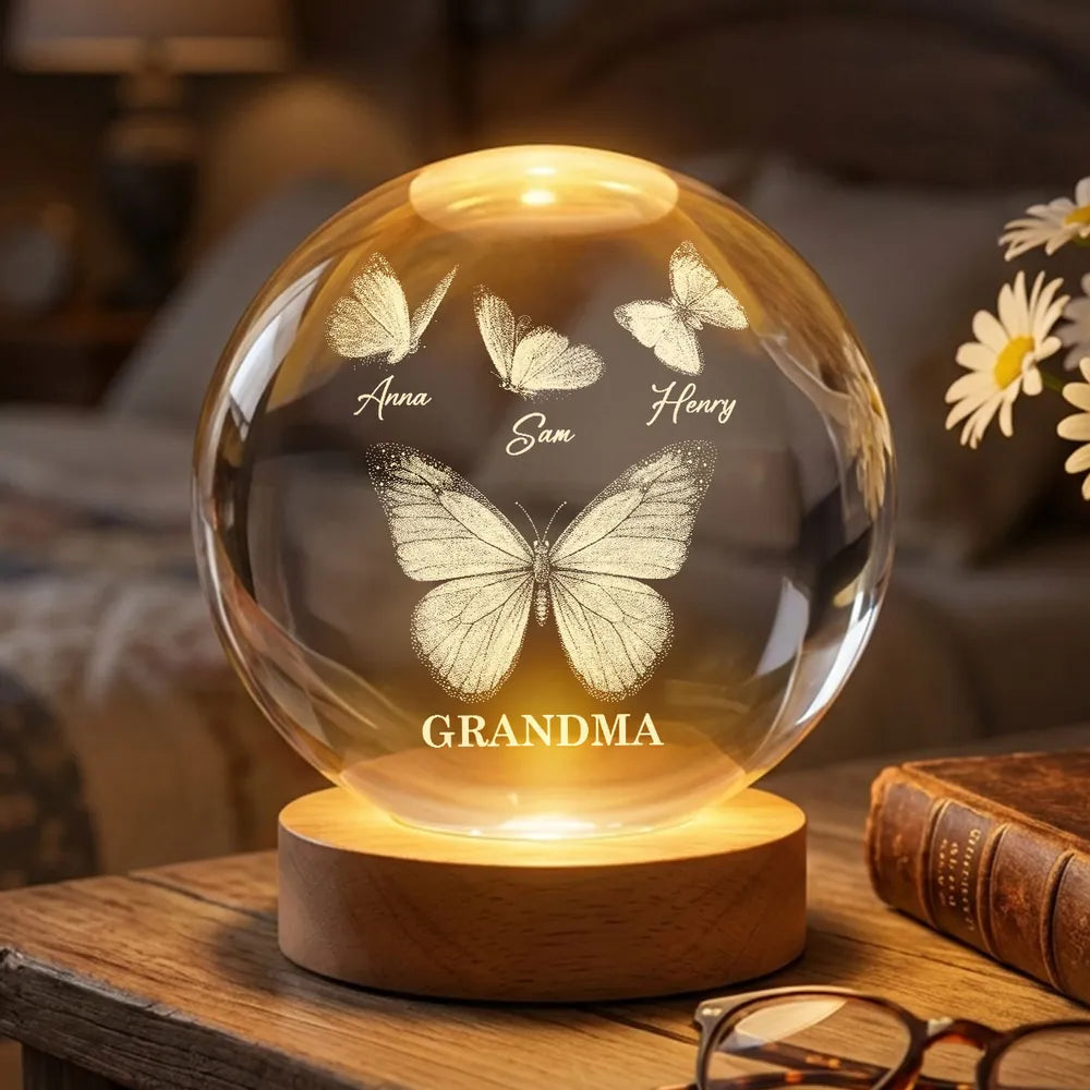Personalized 3-Color K5 Globe Lamp with Butterflies for Grandma - Unique Custom Gift for a Cozy Nightstand Glow