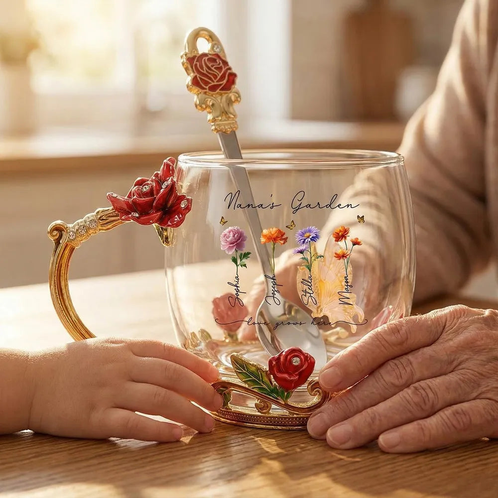 Personalized Enamel Flower Tea Cup, Nana's Garden Floral Gift for Grandma, A Unique Tea Time Keepsake