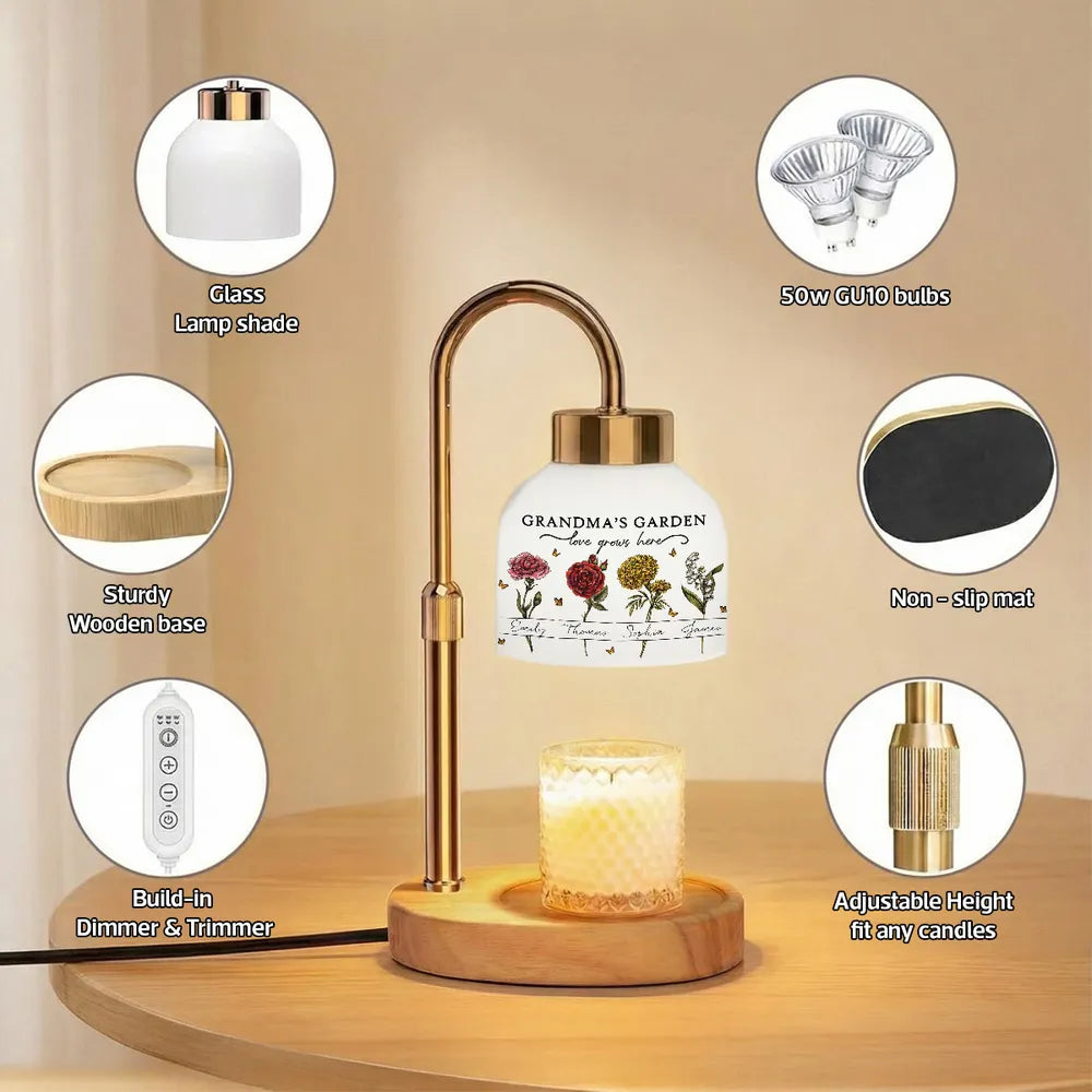 Grandma's Garden Candle Warmer Lamp, Personalized Floral Keepsake for Her Nightstand, Sweet Unique Gift from Grandkids