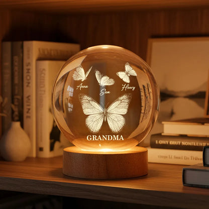 Personalized 3-Color K5 Globe Lamp with Butterflies for Grandma - Unique Custom Gift for a Cozy Nightstand Glow