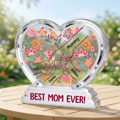 Personalized Shaped Acrylic Block Plaque with Kids Holding Hands, Floral Boho Heart Decor, Unique Mother's Day Gift for Mom