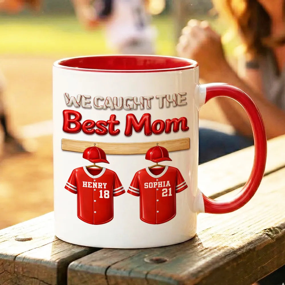 Personalized Baseball Mom Two-Tone Mug 'We Caught The Best Mom' Jersey Design - Unique Gift for Mom