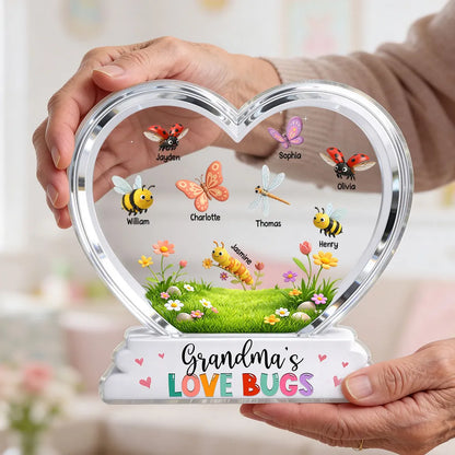 Shaped Acrylic Block Plaque Personalized Grandma's Love Bugs Heart Display, Sweet Keepsake Gift for Mom or Grandma