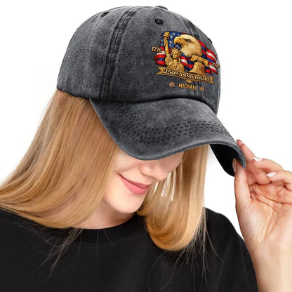 Personalized Washed Denim Baseball Cap with Patriotic Eagle Flag 250th Anniversary Design - Unique Gift for History Lovers