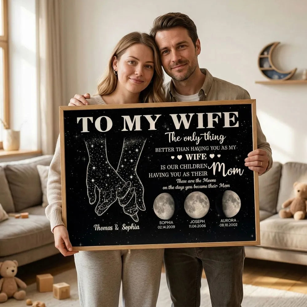 Personalized To My Wife Moon Phase Poster, Hand-Holding Starry Night Wall Art, Unique Gift for Wife and Mom