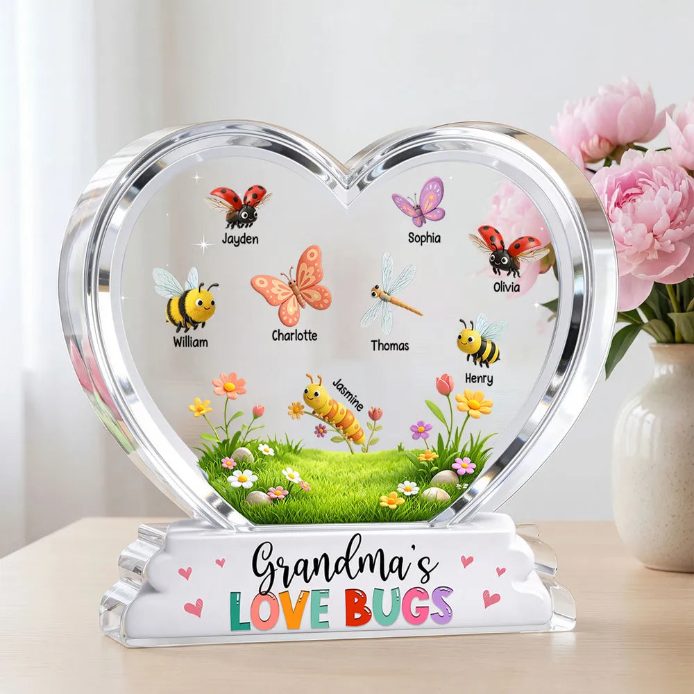 Shaped Acrylic Block Plaque Personalized Grandma's Love Bugs Heart Display, Sweet Keepsake Gift for Mom or Grandma