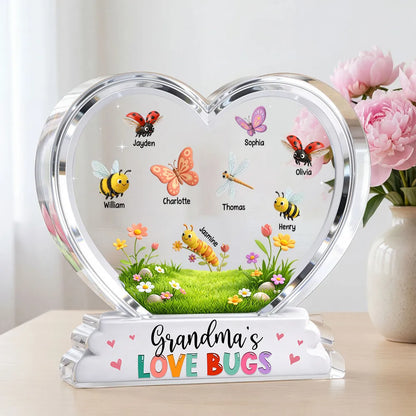 Shaped Acrylic Block Plaque Personalized Grandma's Love Bugs Heart Display, Sweet Keepsake Gift for Mom or Grandma