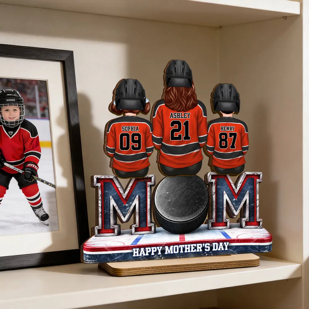 Personalized Hockey Mom 2-Layer Wooden Plaque, Back-View Mom and Kids on Rink Bench, Unique Mother's Day Gift