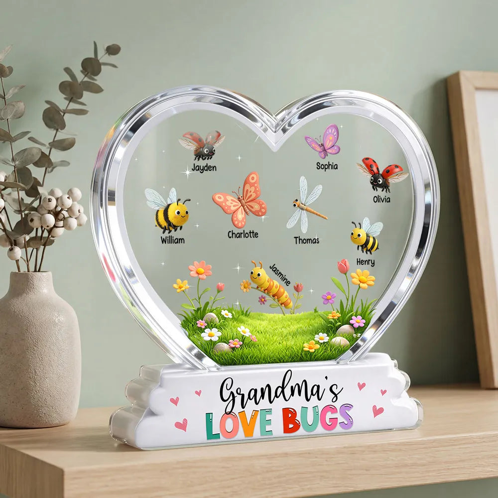 Shaped Acrylic Block Plaque Personalized Grandma's Love Bugs Heart Display, Sweet Keepsake Gift for Mom or Grandma