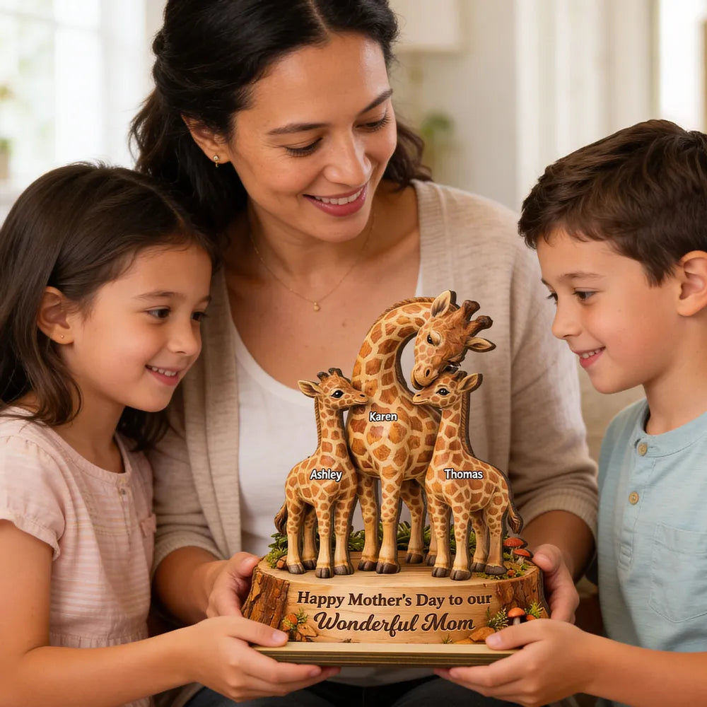 Personalized 2-Layer Wooden Plaque with Giraffe Mom and Calves, Mother's Day Keepsake, Unique Gift for Mom