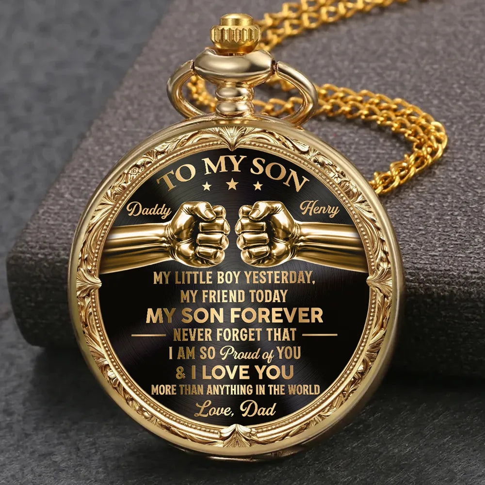 Personalized Pocket Watch with Father Son Fist Bump, Black and Gold Unique Gift from Dad