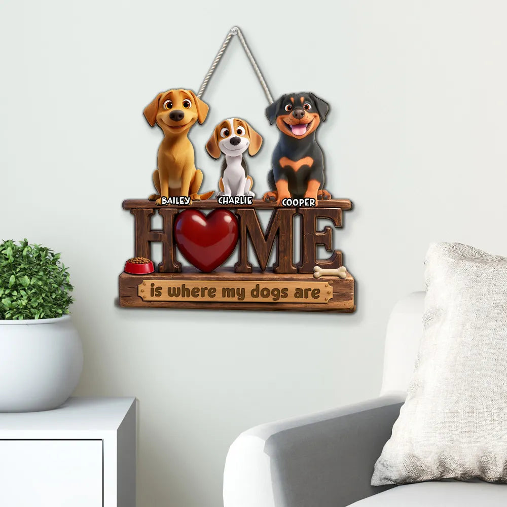 Personalized Wooden Sign With Dog Illustration, Home Is Where My Dogs Are, Unique Gift for Dog Lovers