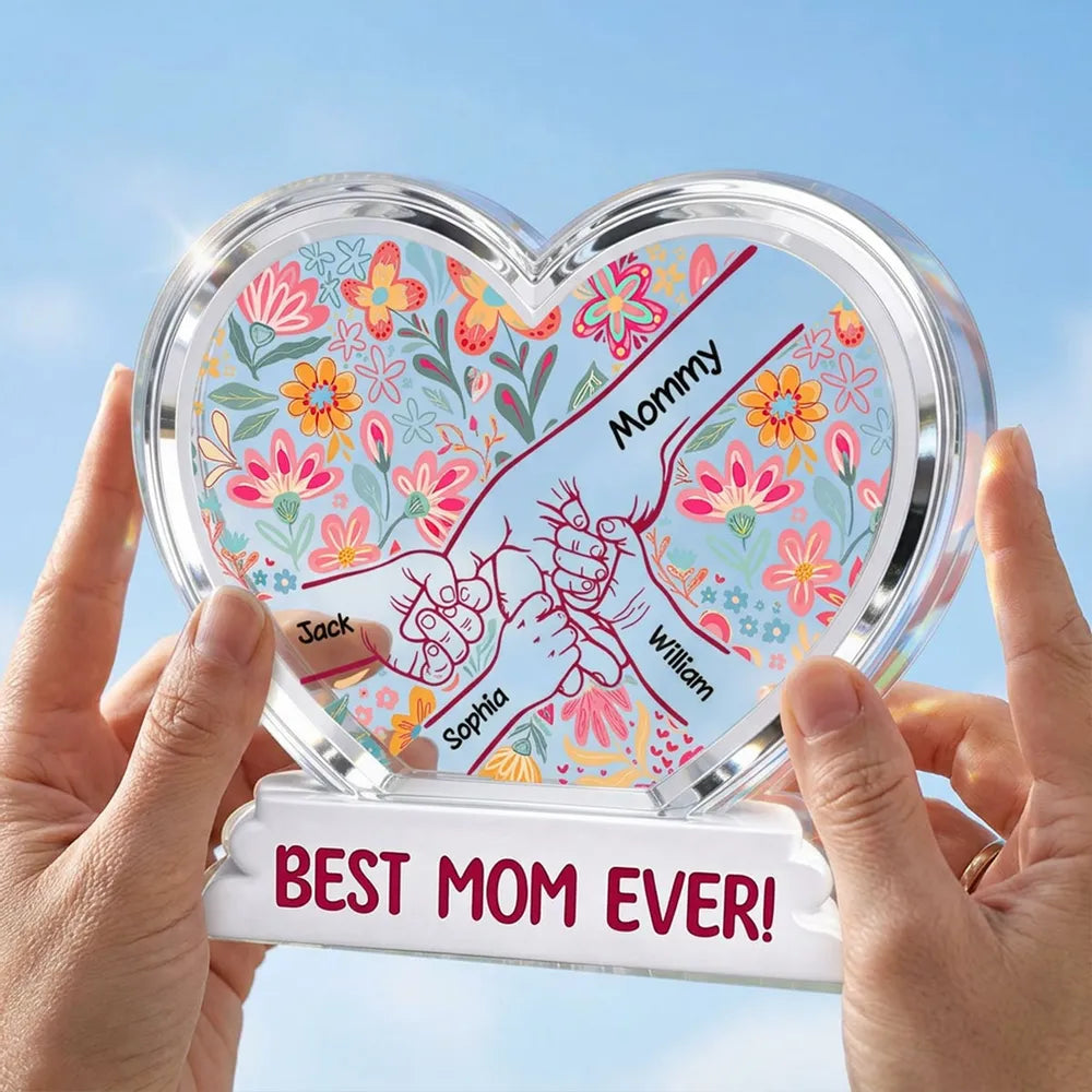 Personalized Shaped Acrylic Block Plaque with Kids Holding Hands, Floral Boho Heart Decor, Unique Mother's Day Gift for Mom