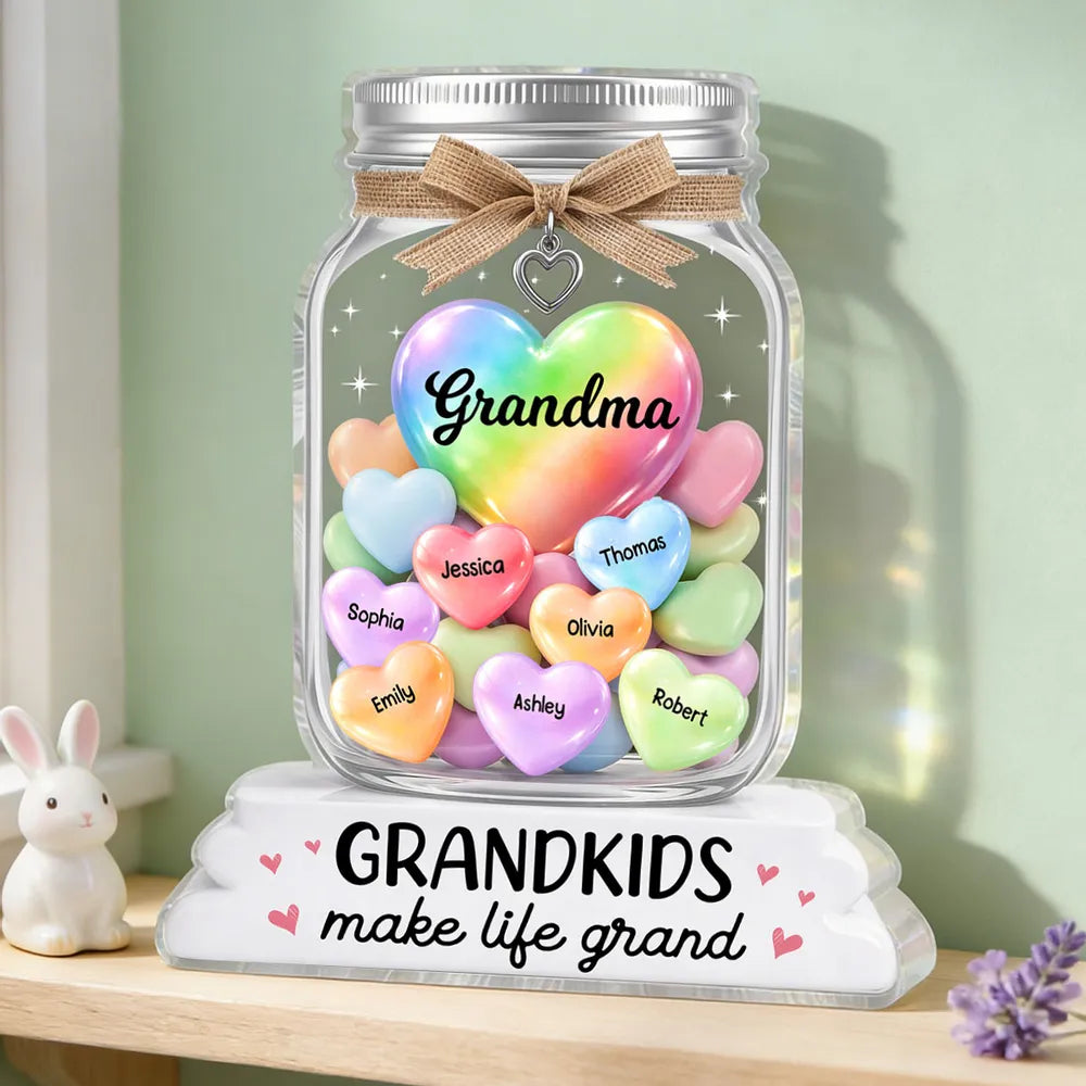 Shaped Acrylic Block Plaque for Grandma, Personalized Grandkids Candy Hearts Keepsake, Cute Home Accent Gift for Grandma
