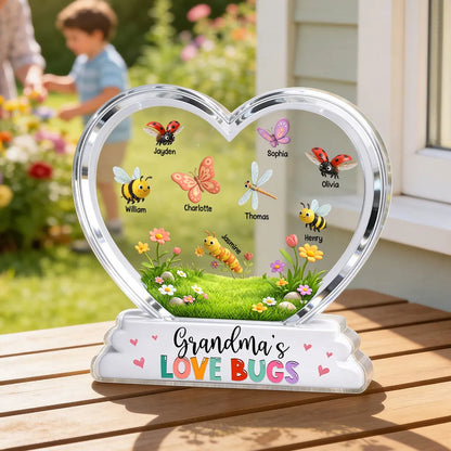 Shaped Acrylic Block Plaque Personalized Grandma's Love Bugs Heart Display, Sweet Keepsake Gift for Mom or Grandma