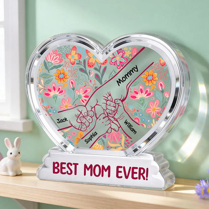 Personalized Shaped Acrylic Block Plaque with Kids Holding Hands, Floral Boho Heart Decor, Unique Mother's Day Gift for Mom