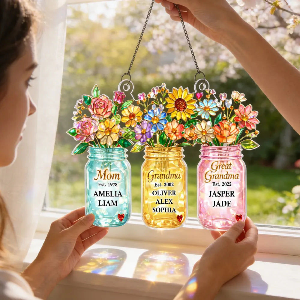Personalized Acrylic Suncatcher Ornament for Mom Grandma Great Grandma, Colorful Mason Jar Flowers Window Decor Unique Gift