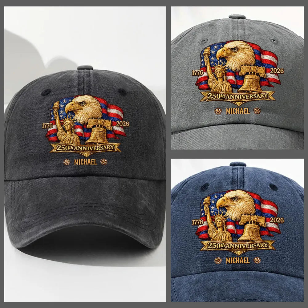 Personalized Washed Denim Baseball Cap with Patriotic Eagle Flag 250th Anniversary Design - Unique Gift for History Lovers