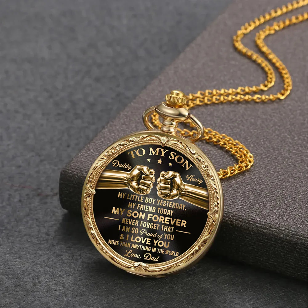 Personalized Pocket Watch with Father Son Fist Bump, Black and Gold Unique Gift from Dad