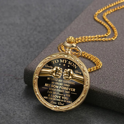 Personalized Pocket Watch with Father Son Fist Bump, Black and Gold Unique Gift from Dad