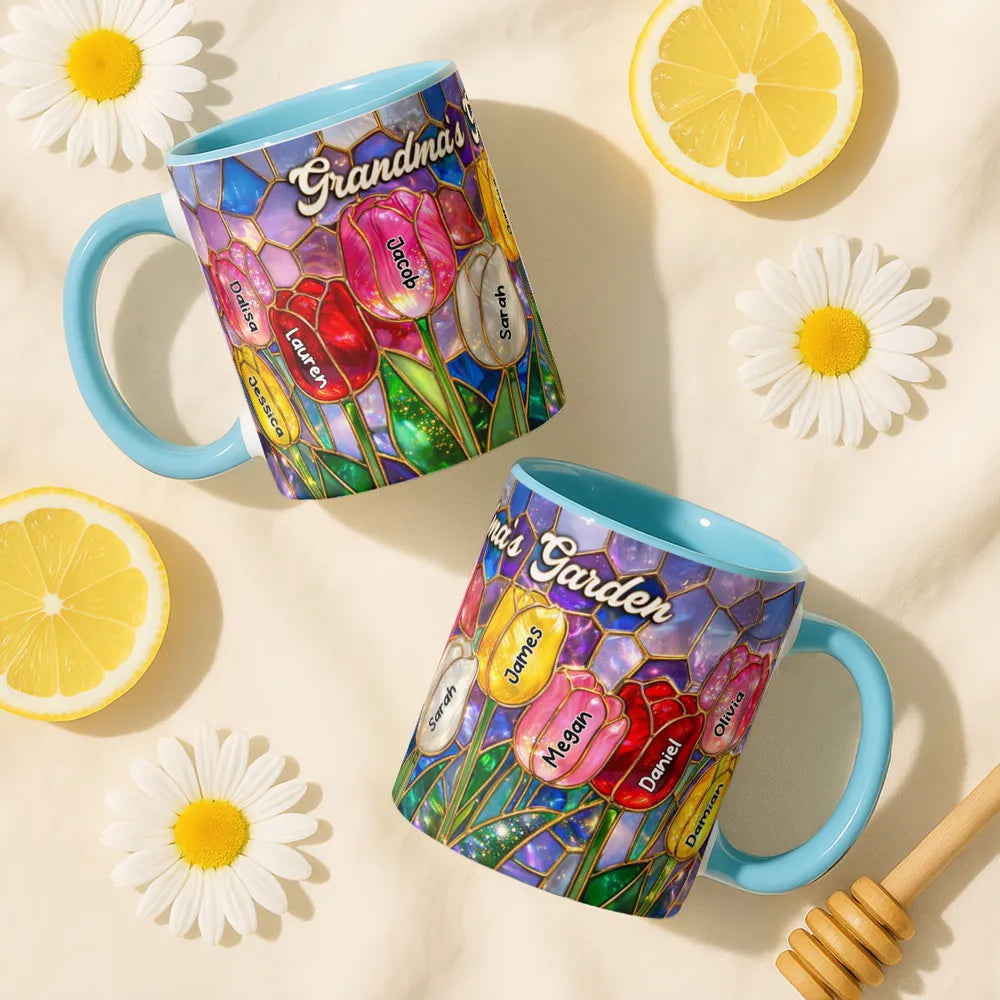 Grandma's Garden Two-Tone Mug, Personalized Tulip Bouquet Look, Sweet Daily Coffee Gift for Grandma