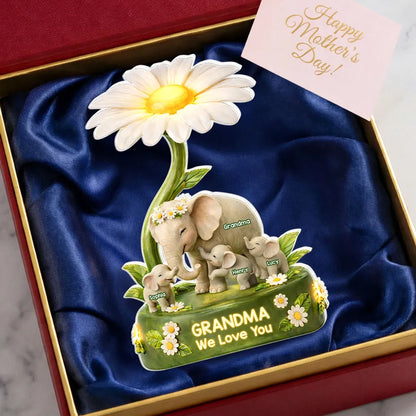 Shaped Acrylic Block Plaque for Grandma Elephant Family Under Daisy Warm Floral Decor Unique Creative Gift