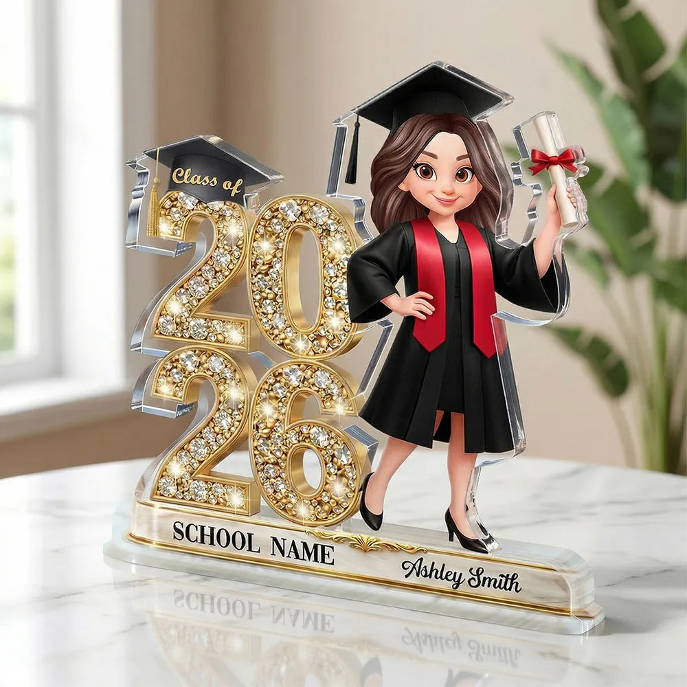 Personalized Graduation Acrylic Light Box with Class of 2026 Glitter Look and Grad Holding Diploma, Unique Gift for Graduates