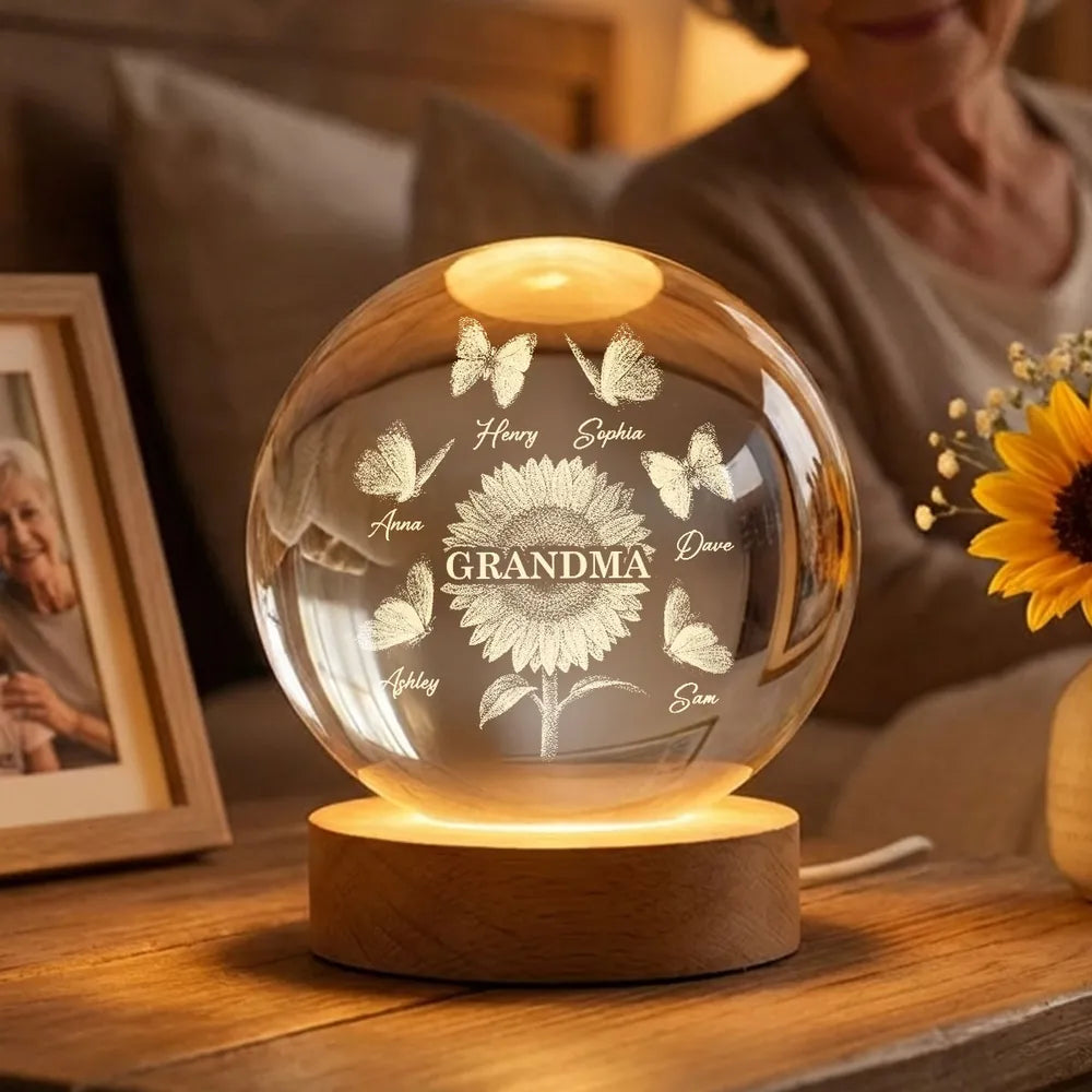 Personalized Globe Lamp with Sunflower Grandma Design, Cozy Nightstand Decor, Unique Gift for Grandma