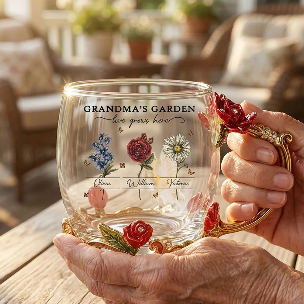 Personalized Grandma's Garden Enamel Flower Tea Cup with Custom Birth Month Flowers, Vintage-Inspired Unique Gift for Grandma