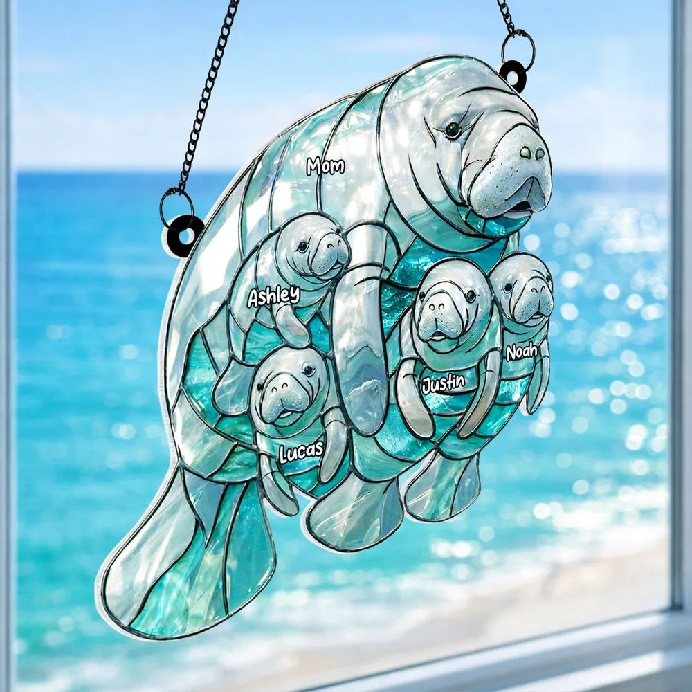 Personalized Manatee Mom and Calves Acrylic Suncatcher Ornament for Window Decor, Sweet Ocean Family Moment, Unique Gift for Mom