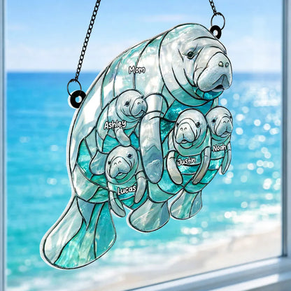 Personalized Manatee Mom and Calves Acrylic Suncatcher Ornament for Window Decor, Sweet Ocean Family Moment, Unique Gift for Mom
