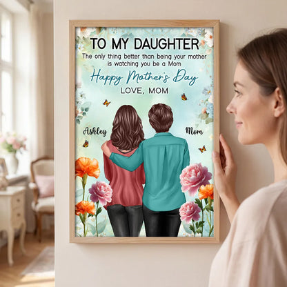 Personalized Mother's Day Poster, Mom and Daughter Hugging Back View Floral Wall Art, Unique Gift for Daughter from Mom