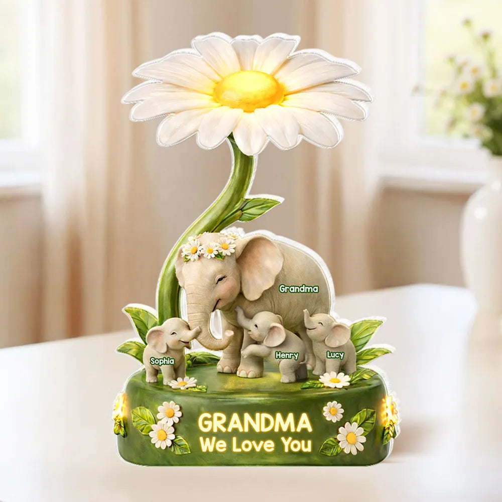 Shaped Acrylic Block Plaque for Grandma Elephant Family Under Daisy Warm Floral Decor Unique Creative Gift