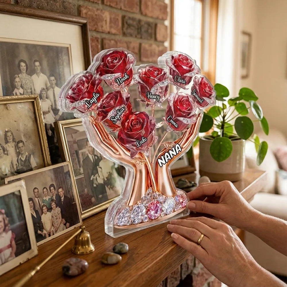 Personalized Shaped Acrylic Block Plaque with Grandma Hands Rose Bouquet - Unique Mother's Day Gift for Grandma