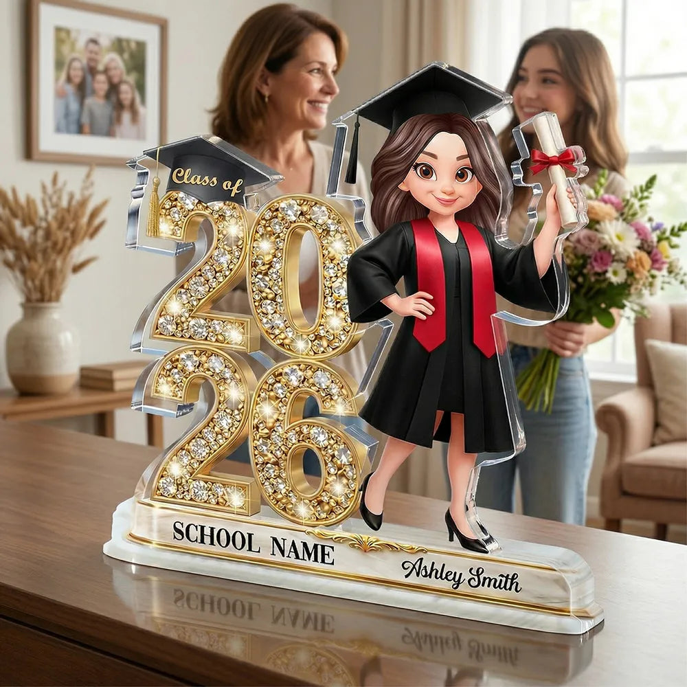 Personalized Graduation Acrylic Light Box with Class of 2026 Glitter Look and Grad Holding Diploma, Unique Gift for Graduates