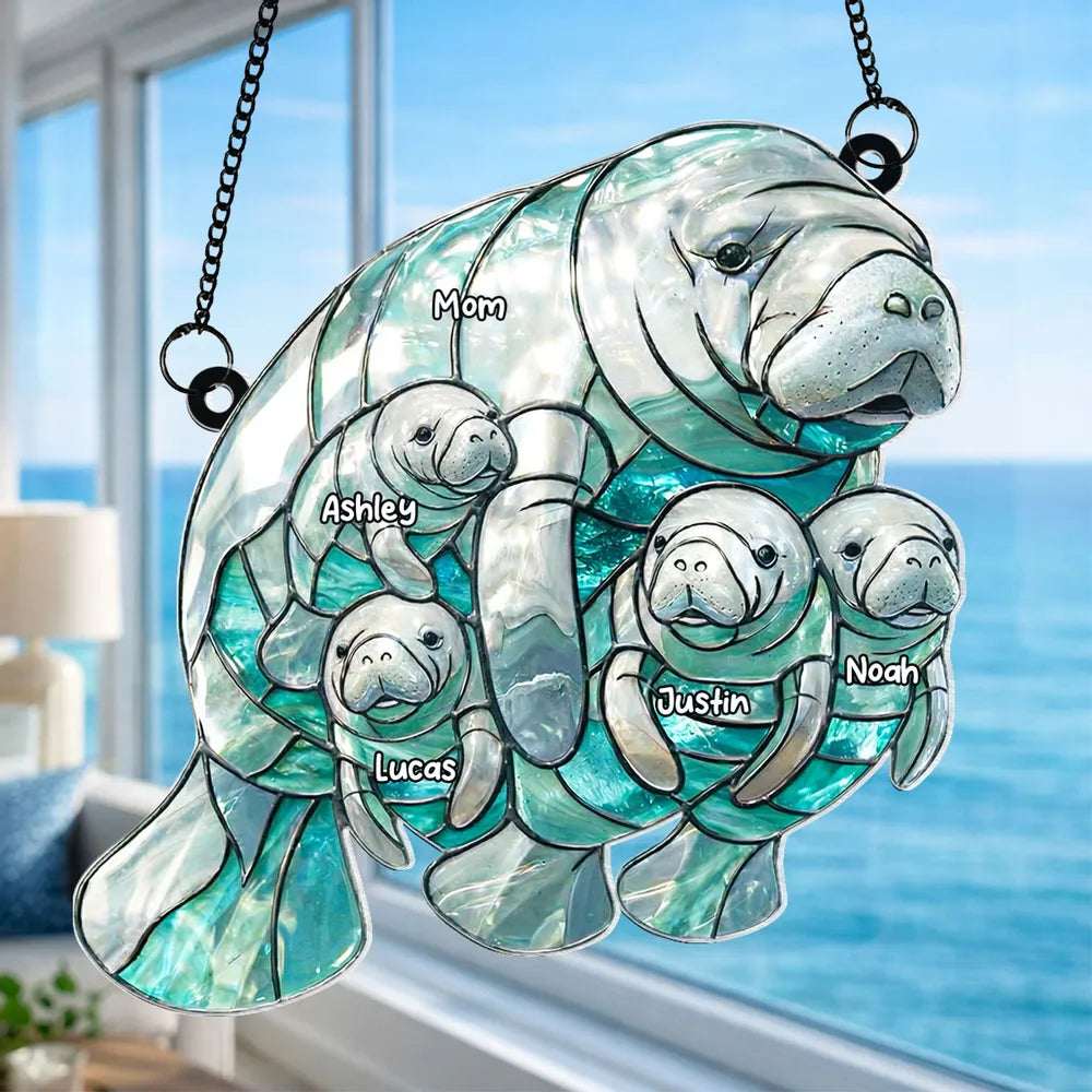 Personalized Manatee Mom and Calves Acrylic Suncatcher Ornament for Window Decor, Sweet Ocean Family Moment, Unique Gift for Mom