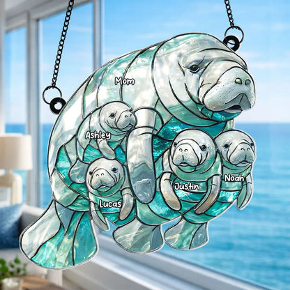 Personalized Manatee Mom and Calves Acrylic Suncatcher Ornament for Window Decor, Sweet Ocean Family Moment, Unique Gift for Mom